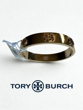 NWT Tory Burch Metal Logo Stud Bangle Bracelet Gold New In Box OS